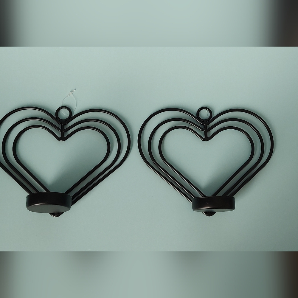 Candle Holder Shaped Heart Wall 2 Pieces Black Metal New Never Used Size small